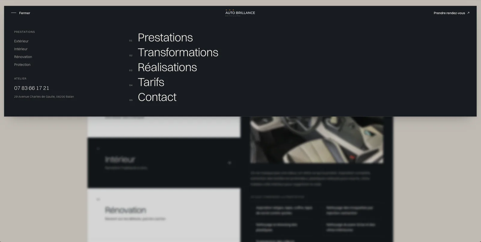 Menu du site Auto Brillance, avec le téléphone et l'adresse de l'atelier