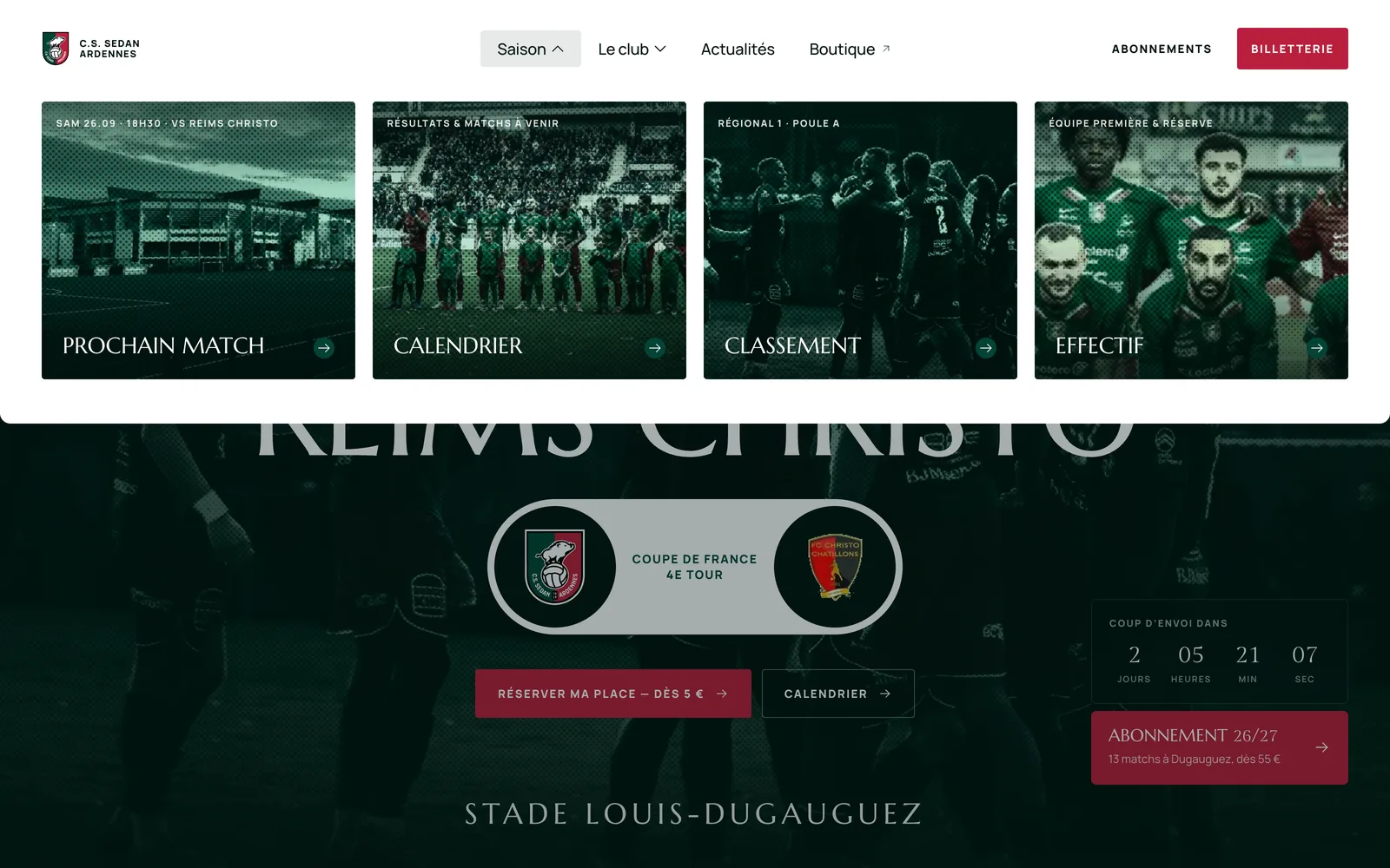 Le menu « Saison » : prochain match, calendrier, classement et effectif, en cartes tramées