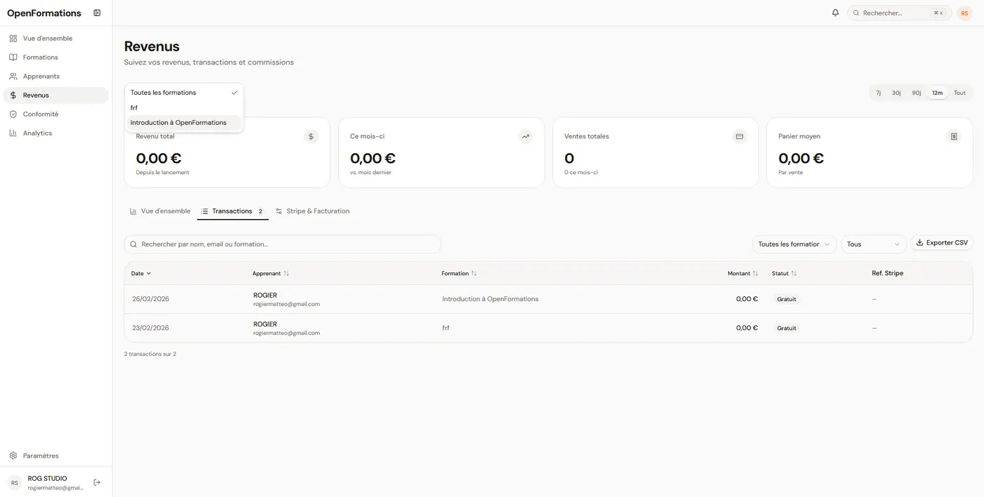 Analytics de revenus OpenFormations