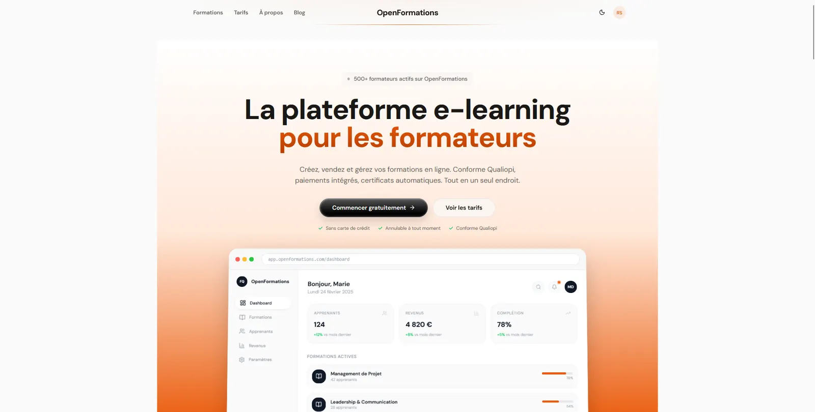 OpenFormations · Plateforme par abonnement, capture du site livré en 2026