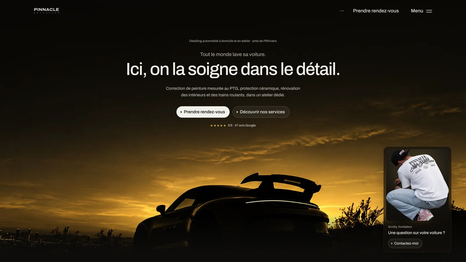 Le premier écran : « Ici, on la soigne dans le détail », sur une silhouette au couchant